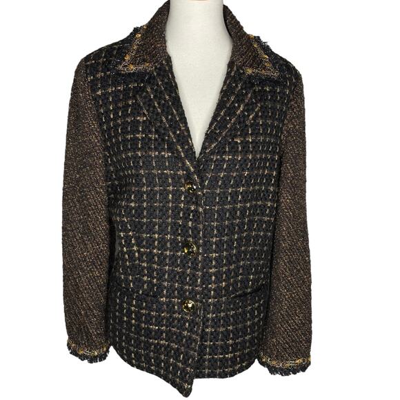 Chico's Tweed Blazer Black Brown Metallic Beaded Fringe Size 12 L Boho Academia - Picture 1 of 15